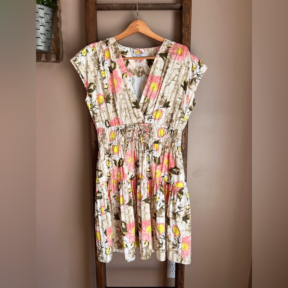 Derek Lam 10 Crosby Pink and Cream Floral V-Neck Tiered Mini Dress With Pockets